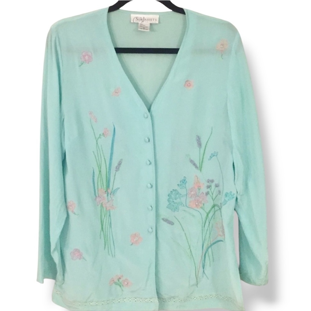 DIANE VON FURSTENBERG Blue Silk Button Down Floral Beaded & Embroidered VINTAGE